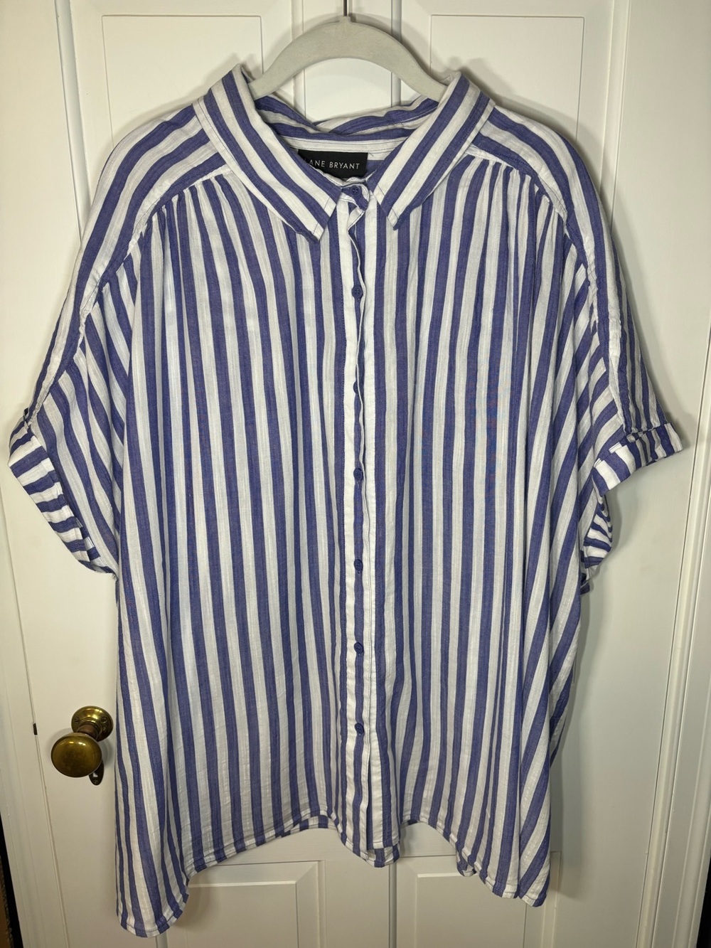 Lane Bryant Blue White Stripe Collared Button Shirt Blouse Short Sleeve Women 26